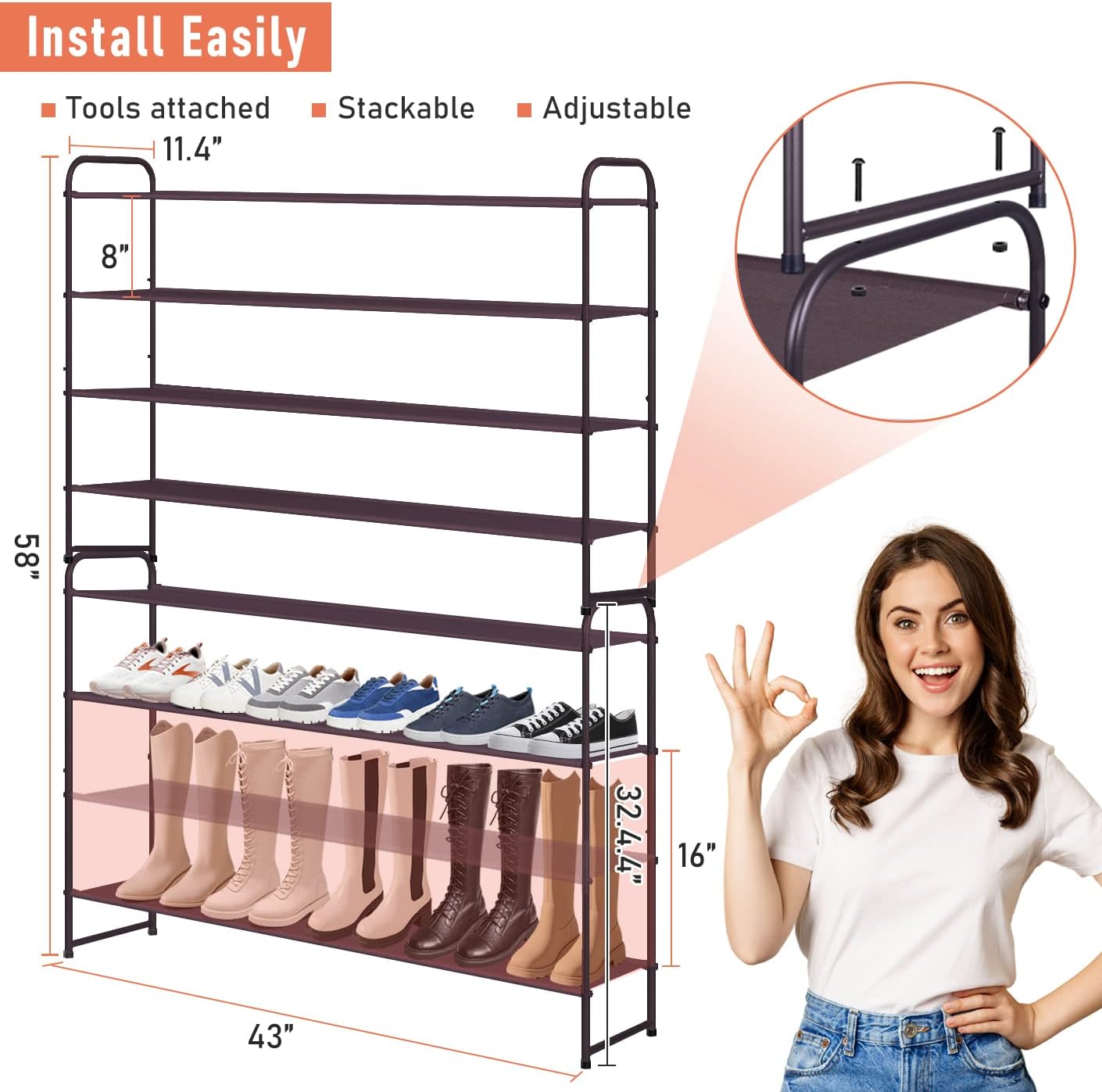 MISSLO 3-Tier Long Shoe Rack for Closet Shoe Organizer for Closet Floor Entryway Storage Stackable Wide Shoe Shelf Stores 24 Pairs of Men Sneakers, Black
