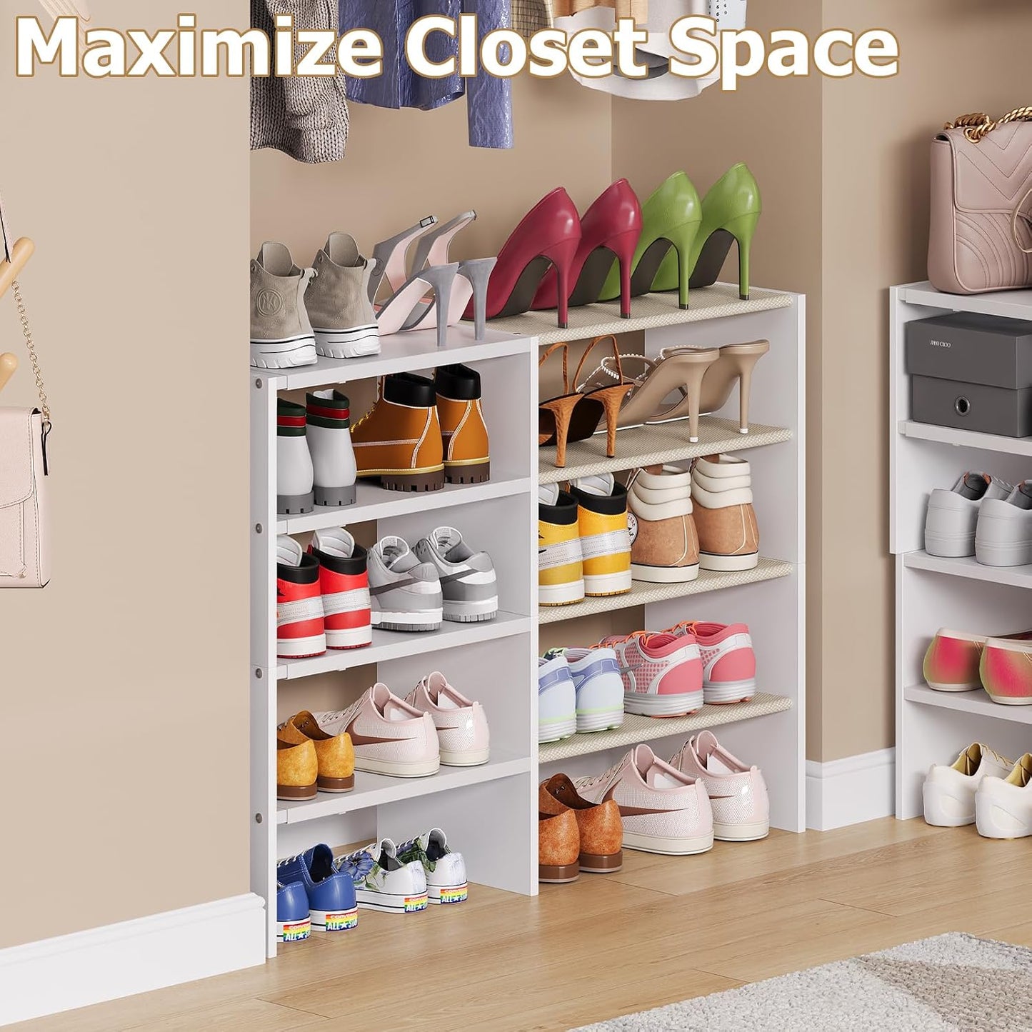 X-cosrack 2 Pack 2-Tier Shoe Rack Organizer for Closet, Expandable and Adjustable White Shoe Rack, Stackable Iron Wood Combination Shoe Storage Shelves for Closets, Entryway, Small Space, Garage