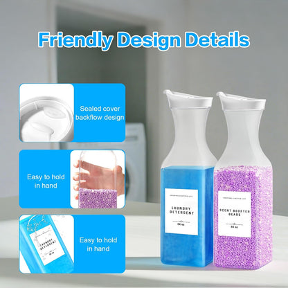Laundry Detergent Dispenser Bottle 40oz with Waterproof Label for Laundry Detergent Soap Fabric Softener Bleach Scent Booster Beads, Sturdy PET Bottle for Laundry Room Decor 2 Pack White