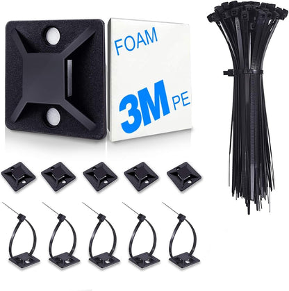 HUASAI 4/5" 100 Pack Zip Tie Mount With Cable Ties,Self Adhesive-backed Mounts for Wire Holder, White Cable Management Clips Wall Anchors