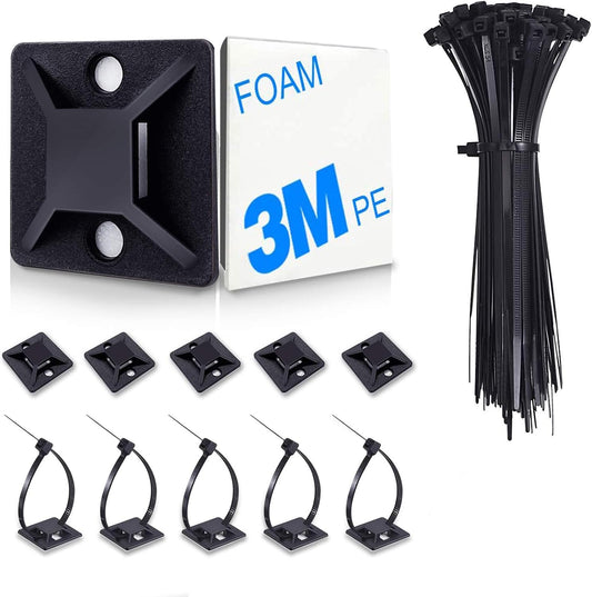 HUASAI 4/5" 100 Pack Zip Tie Mount With Cable Ties,Self Adhesive-backed Mounts for Wire Holder, White Cable Management Clips Wall Anchors