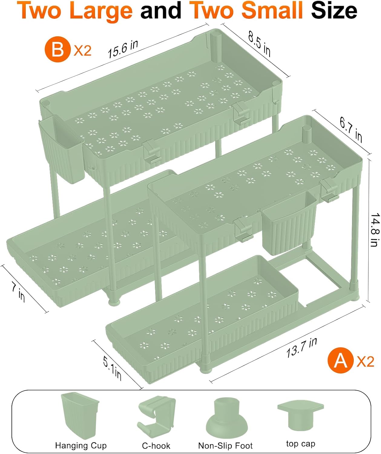 Sevenblue 4-Pack 2-Tier Under Sink Organizer with Pull Out Drawers | Multi-use kitchen & bathroom storage. Includes hanging hooks and cups. Black, space-saving cabinet design.