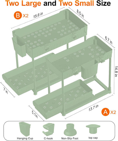 Sevenblue 4-Pack 2-Tier Under Sink Organizer with Pull Out Drawers | Multi-use kitchen & bathroom storage. Includes hanging hooks and cups. Black, space-saving cabinet design.