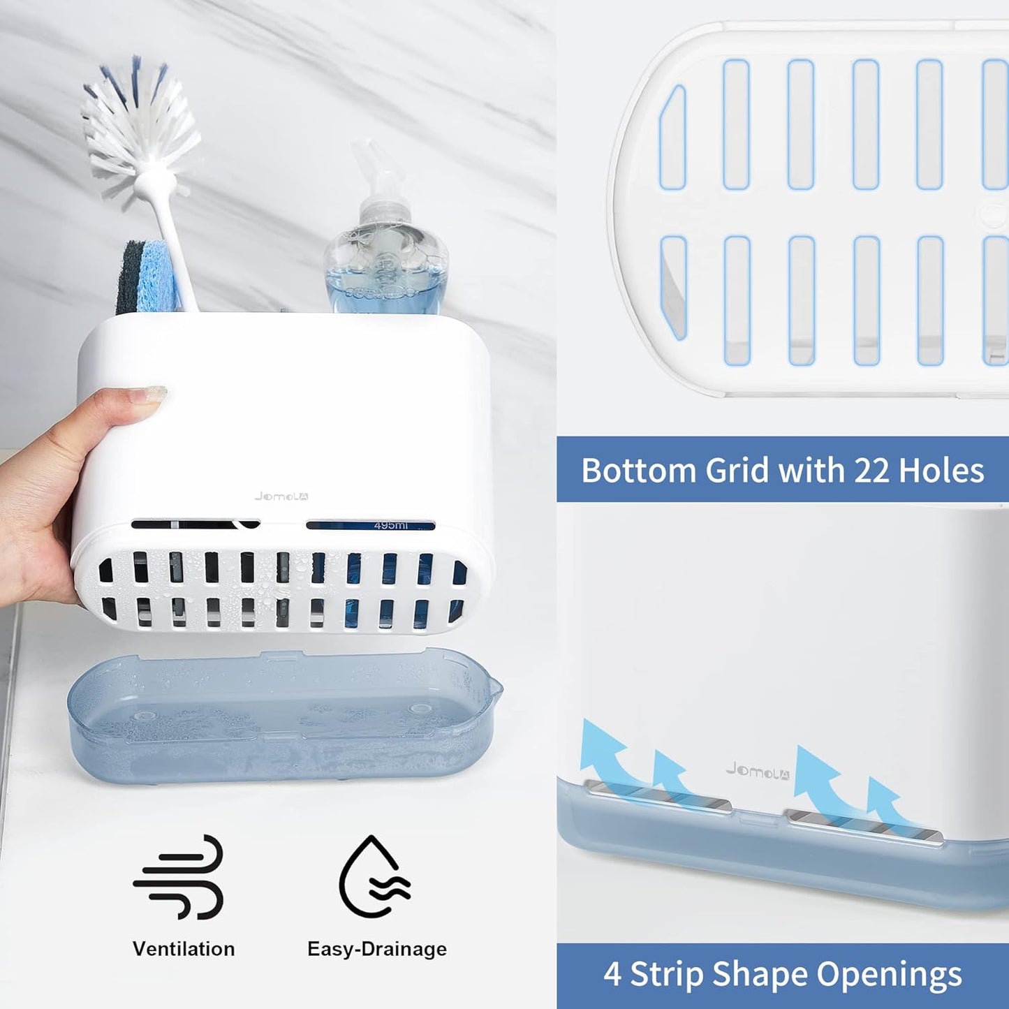 JOMOLA Dish Brush Caddy for Kitchen Sink Toothbrush Holders for Bathrooms Sink Sponge Holder Kitchen Counter Scrub Soap Brush Organizer Sinkware Caddy with Drain Tray Dividers (Blue)