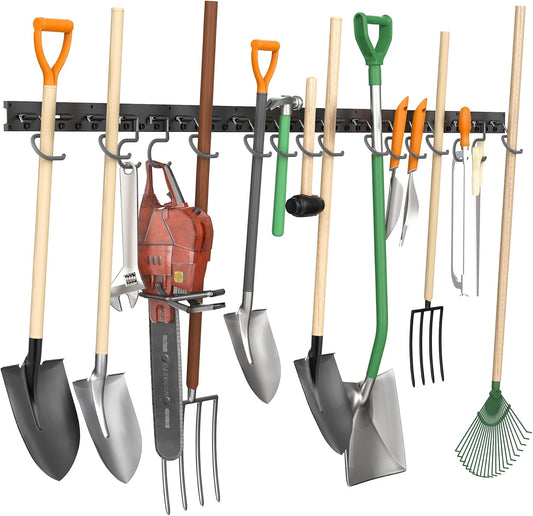 TORACK Plastic Wall Mounted Mop and Broom Holder, Garden Tools Organizer for Garage Wall, Yard Tool Storage Rack for Rakes, Shovels, Mops, Brooms (4 Tracks, 16 Hooks)