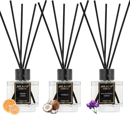 Airkeep Reed Diffuser Set of 3 for Bathroom Air Fresheners, Oil Diffuser Sticks | Cedar Wood,White Pine Moroccan Amber Scent Diffuser(1.7 fl oz*3) Fragrance with 18 Sticks Defusers | Shelf Decor