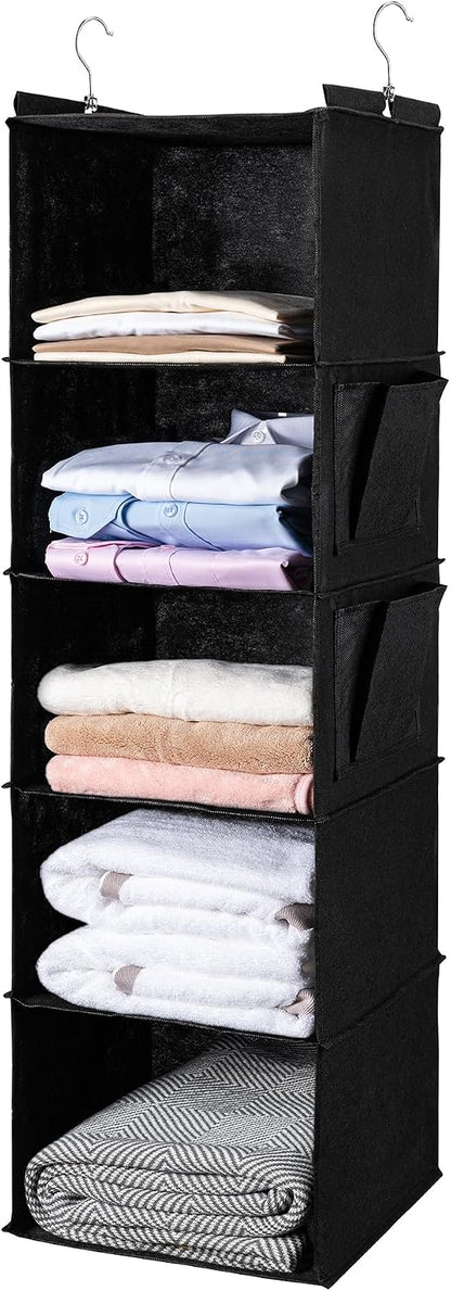 BOOMIBOO Hanging Closet Organize and Shelves，5-Hanging Shelf with 2 Side Pockets，Storage Foldable （Grey）