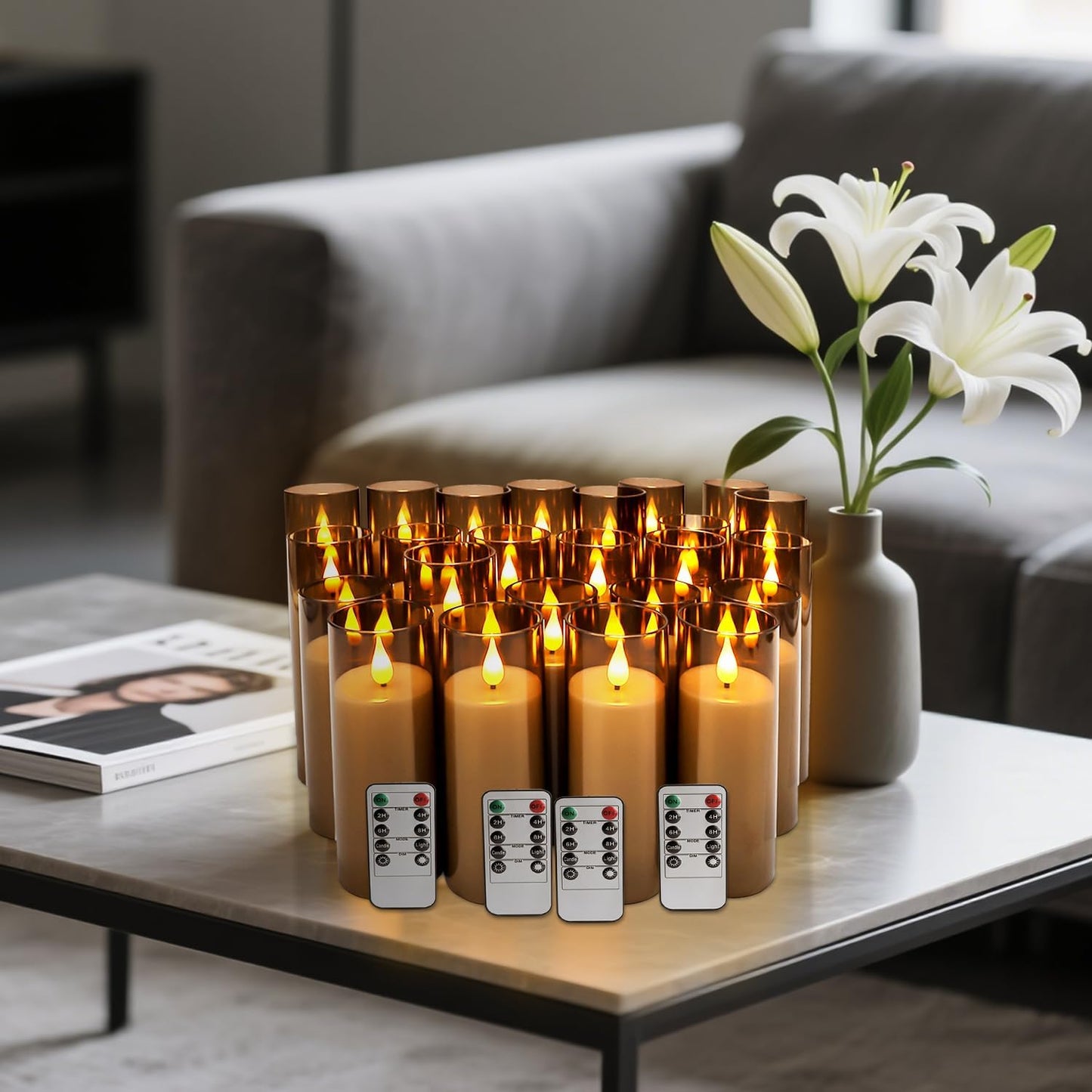 YOROXRG Set of 24 Waterproof Outdoor Flameless Candles, LED Candles with 4 Remote and Timer,(H 4" 5" 6" x D 2.2"),for Christmas,Halloween,Wedding,Festival