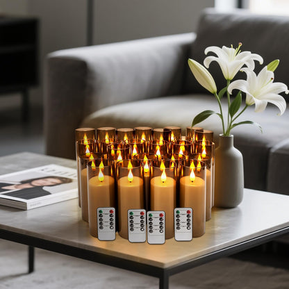 YOROXRG Set of 24 Waterproof Outdoor Flameless Candles, LED Candles with 4 Remote and Timer,(H 4" 5" 6" x D 2.2"),for Christmas,Halloween,Wedding,Festival