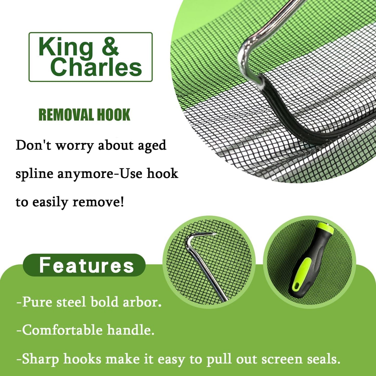 King&Charles 3 in 1 Screen Repair Kit, Bearing Steel Screen Roller Tool with 0.14 in x 32 ft Spline and Removal Hook for Window Screens, Screen Doors, Patio and RV Mesh Replacement