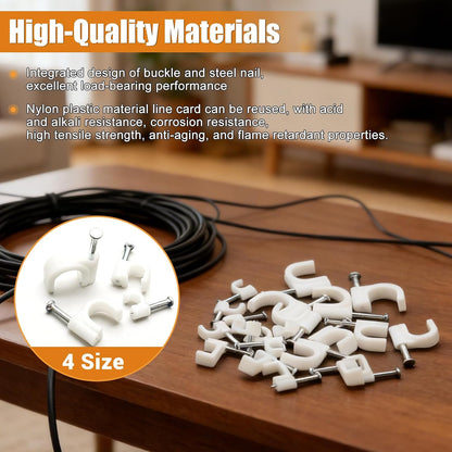 mankk 630PCS Steel Nail Cable Clips 4/5/6/8/10mm Round & 5/6mm Square | cable tacks for CAT6 RJ45 RG6 RG59 ethernet coax cords, white wall mounting clips
