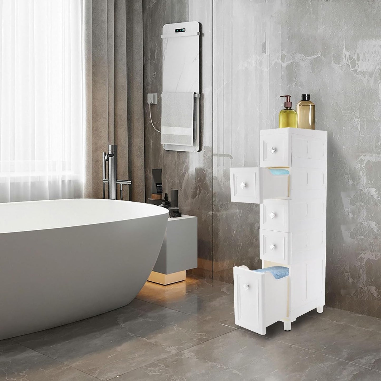 Slim Bathroom Storage Cabinet Freestanding Narrow Plastic Rolling Cart Bathroom Organizer with Drawers for Small Space Office, White (4-Tier)