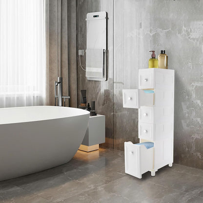Slim Bathroom Storage Cabinet Freestanding Narrow Plastic Rolling Cart Bathroom Organizer with Drawers for Small Space Office, White (4-Tier)