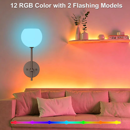 Brass Battery Operated Wall Sconces Set of 2, Rechargeable Wireless Wall Lights with Milky White Frosted Glass, 12 RGB and 3CCT Dimmable, Wall Lamps with Remote for Bedroom Living Room Hallway