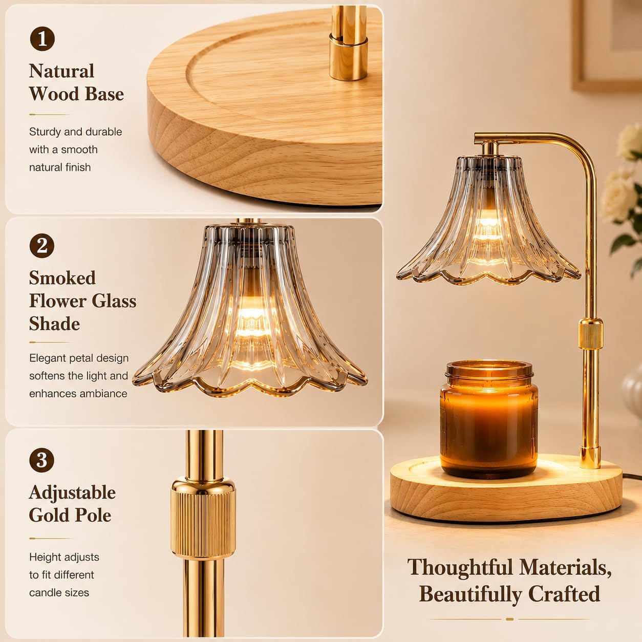 Candle Warmer Lamp with Timer, Dimmer, Vintage Glass Shade | Adjustable height, 2/4/8-hour timer, wood base, 2 bulbs included