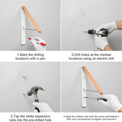 RFOUO White Foldable Wall Mounted Clothes Drying Rack,Laundry Hanger,1 Pack | Space saving Foldable Clothes Hanger for Laundry Organization,coat hanger racks,laundry drying rack,Clothes drying hanger