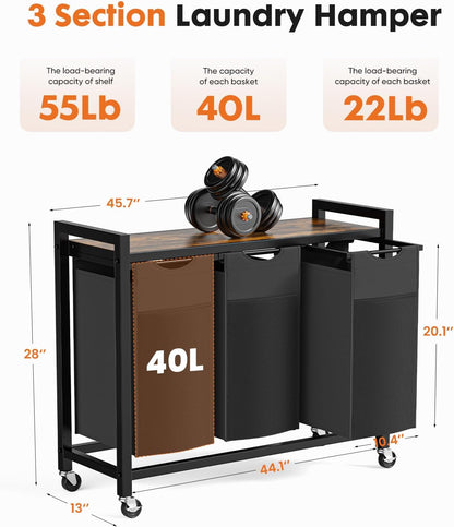 DUMOS Laundry Hamper with 3 Pull-Out Removable Sorter Bags, Movable Wheels, Freestanding Clothes Basket Organizer in Bathroom, 3 × 10.6 Gal (120L) Capacity, Rustic Brown and Black