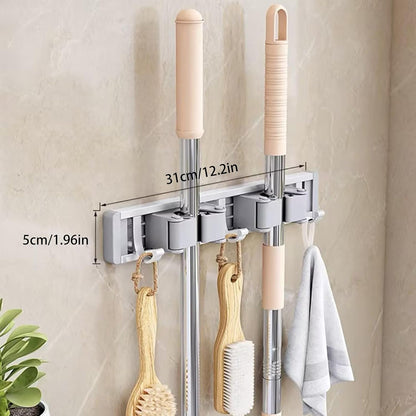 Broom Holder Wall Mount Movable Hooks and Clips Mop and Broom Hanger Wall Mounted Aluminum Garage Tool Organizer Storage Adhesive (Silver: 5 clips with 6 hooks)