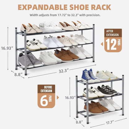 STORAGE MANIAC Expandable Shoe Rack for Closet, 8 Pairs Stackable Small Shoe Rack, Metal Adjustable Shoes Organizer for Entryway, Hallway, Garage, Front Door, Shoes Shelves, Black 2 Tier