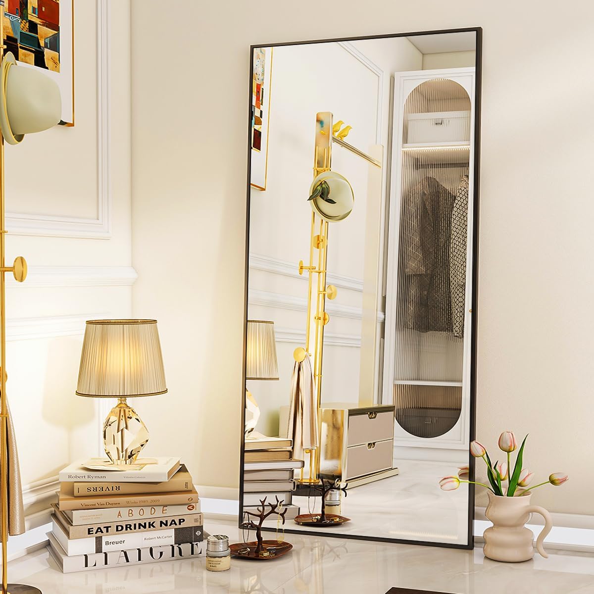 VooBang Mirror Full Length - 21" x 57" Floor Mirror with Stand, Aluminum Alloy Frame Full Body Mirror, Standing Hanging or Leaning Against Wall for Bedroom and Living Room, Black