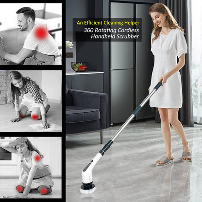 Electric Spin Scrubber, FARI Shower Cleaning Brush with 8 Replaceable Drill Brush Heads, Cordless Power Scrubber with Adjustable Handle Bathroom and Shower Cleaner