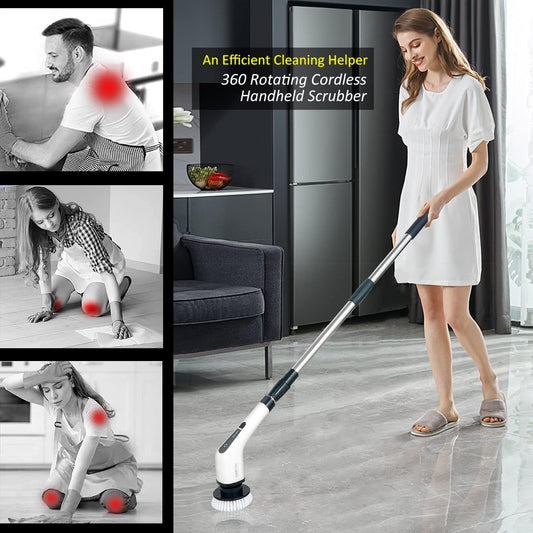 Electric Spin Scrubber, FARI Shower Cleaning Brush with 8 Replaceable Drill Brush Heads, Cordless Power Scrubber with Adjustable Handle Bathroom and Shower Cleaner