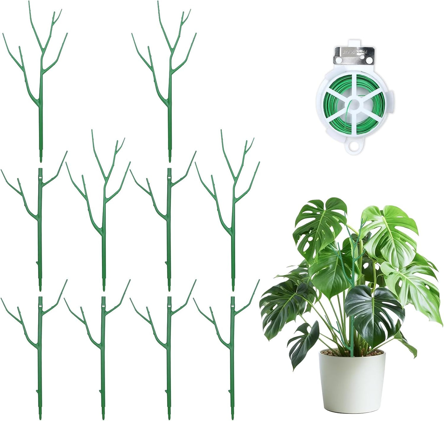 10-Pack Stackable Plant Stakes for Monstera, Pothos & Climbing Plants | 14.57-Inch Tall Branch-Style Plant Support - Reusable Plastic Stake Helps Plants Grow Upright Indoors & Outdoors