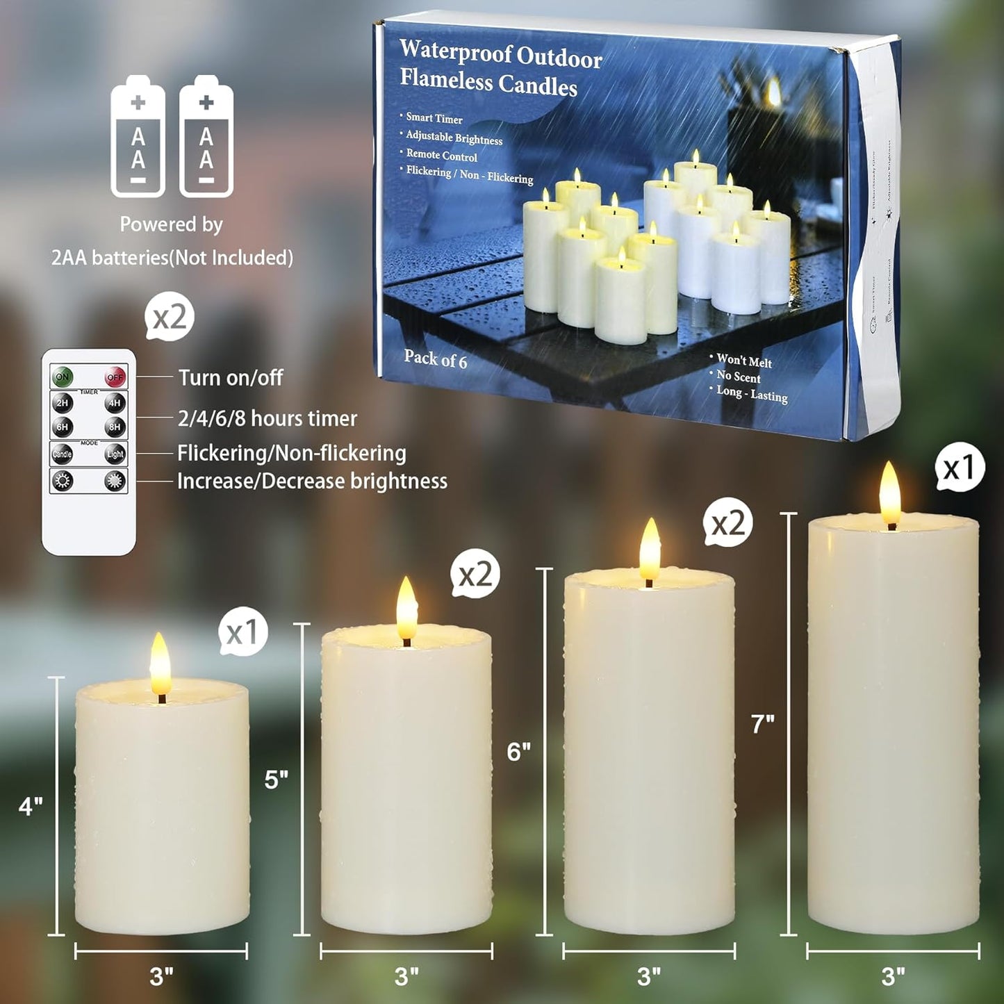 Yeelida Outdoor 4pcs Flameless Waterproof Candles with Handy Remote Control, Cycle Timer Battery Operated Candle Grease Effect LED Flickering Pillar Plastic Long Lasting (White, 3" x4" 5" 6" 7")