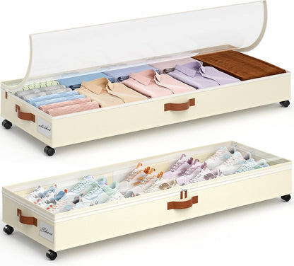 Yecaye Under Bed Storage with Wheels, 2 Pack Under Bed Storage Containers with Adjustable Dividers & Clear Lid, Rolling Underbed Organizer Bins Drawer for Clothes, Shoes, Blankets(30.3 x 16 x 6.7in)