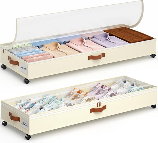 Yecaye Under Bed Storage with Wheels, 2 Pack Under Bed Storage Containers with Adjustable Dividers & Clear Lid, Rolling Underbed Organizer Bins Drawer for Clothes, Shoes, Blankets(30.3 x 16 x 6.7in)