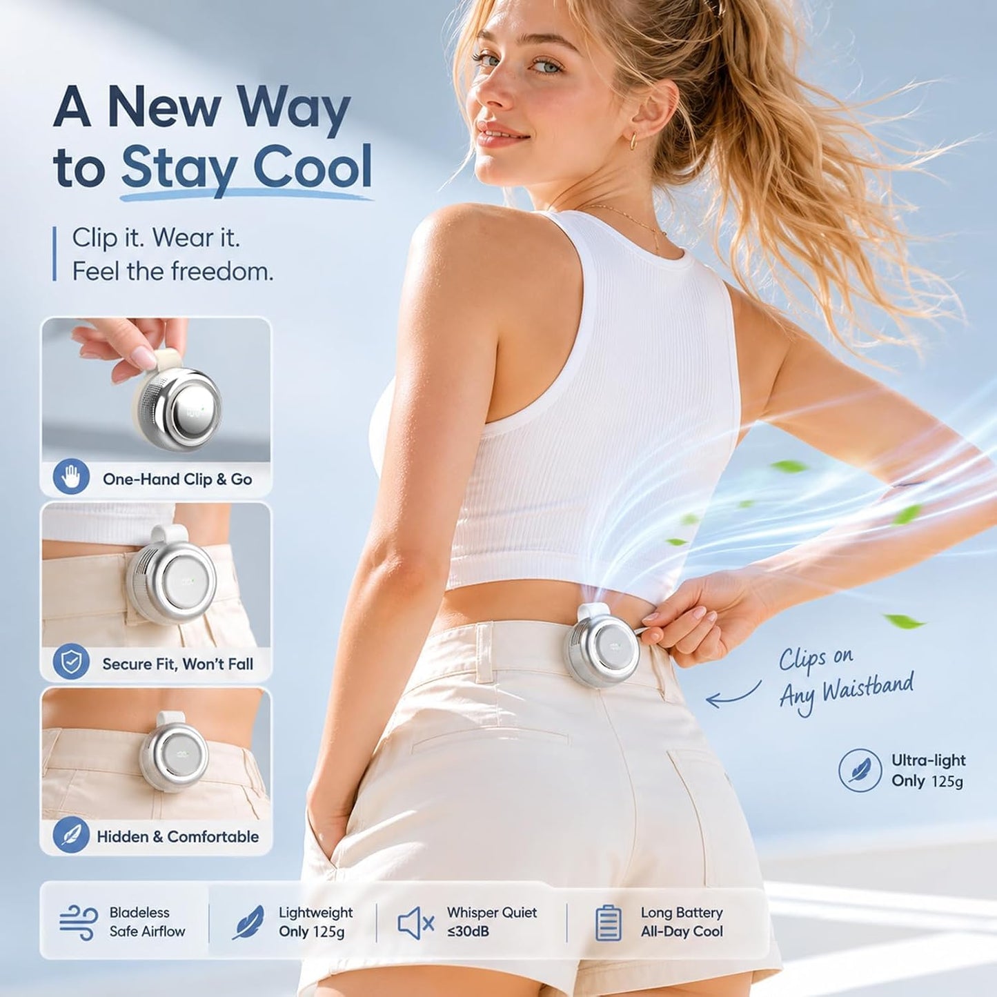 TFQXA1Z Ultra-Quiet Bladeless Clip-On Fan, 360° Rotatable Personal Fan with Digital Display, 5-Speed Rechargeable Mini Fan for Home, Office, School, Summer Gift (White)