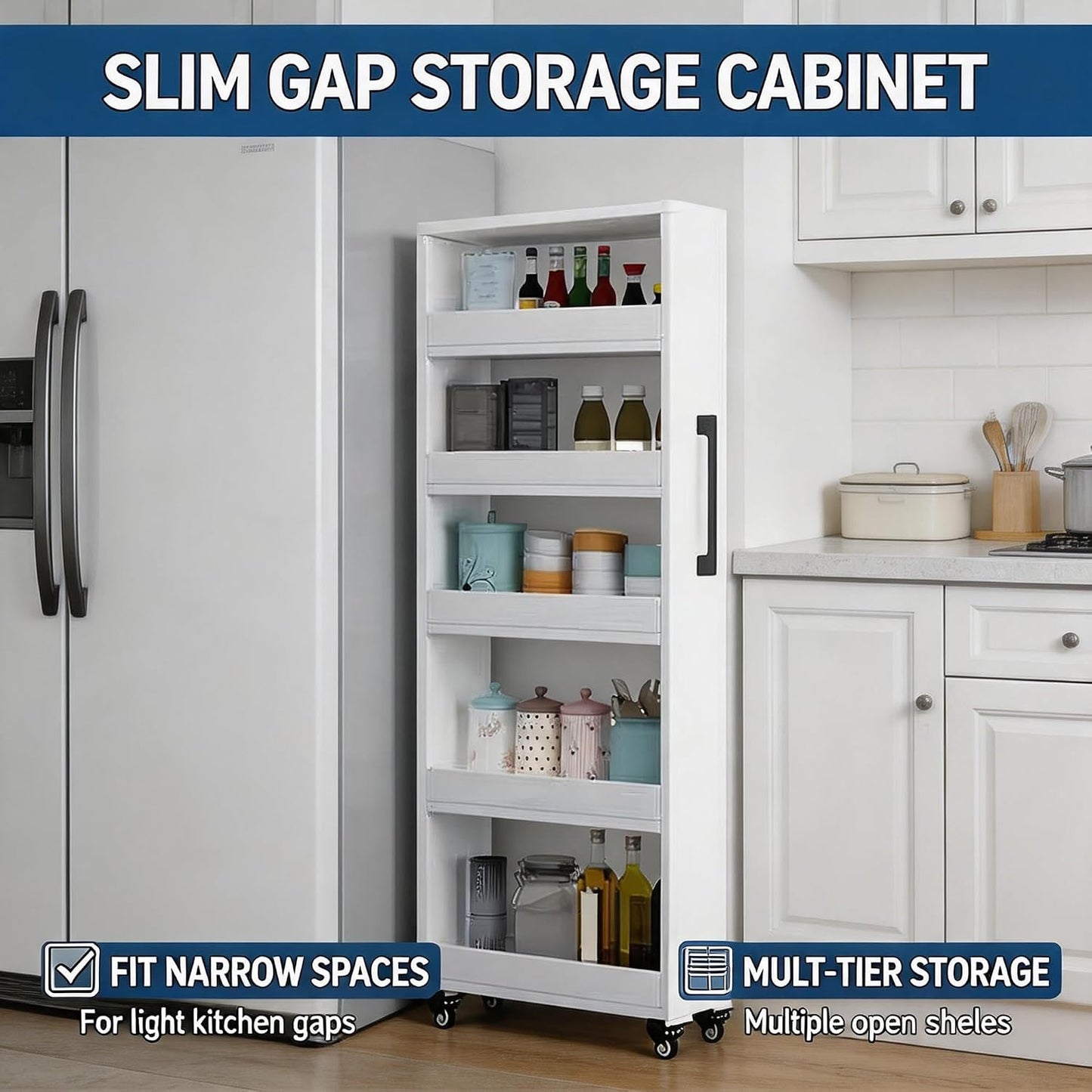 Slim Storage Cart with Wheels, Narrow Shelf Unit for Small Spaces, MDF Skinny Rolling Kitchen Rack with Handle for Laundry Room, Bathroom & Kitchen Gap, Custom Size