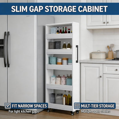 Slim Storage Cart with Wheels, Narrow Shelf Unit for Small Spaces, MDF Skinny Rolling Kitchen Rack with Handle for Laundry Room, Bathroom & Kitchen Gap, Custom Size