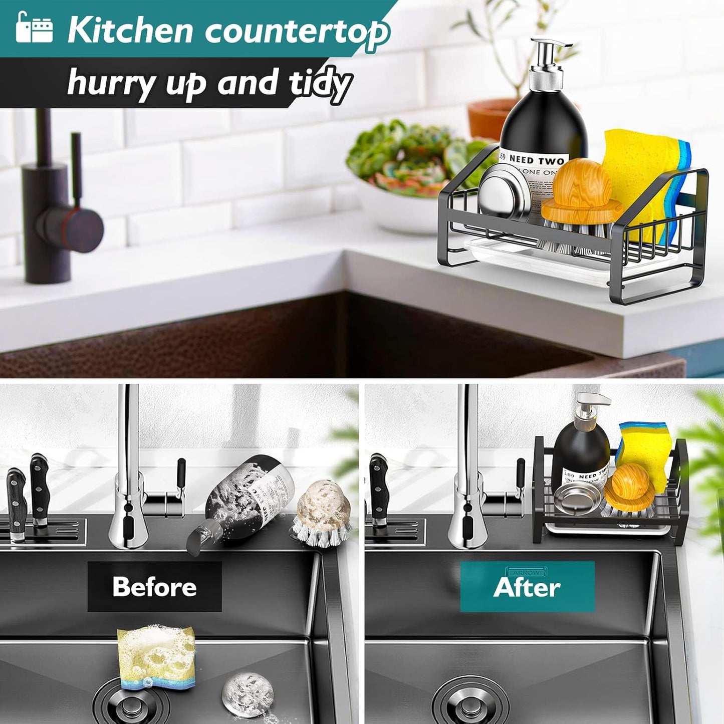 BSKSSK Sink Caddy,Sponge Holder for Kitchen Sink, Kitchen Bathroom Sink Organizer,304 Stainless Steel Kitchen Countertop Organizer Soap Tray with Removable Drain Tray Length Version - Silver