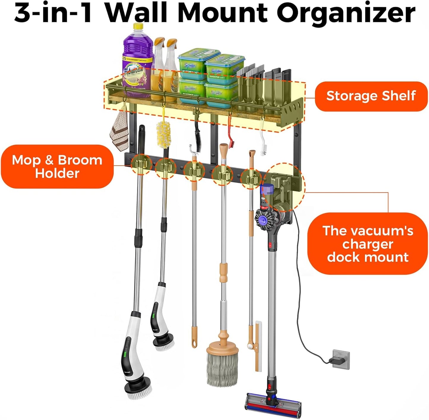 Broom Holder Wall Mount with Shelf,Broom Hanger,3 in 1 Broom and Mop Organizer Wall Hanging for Laundry,Garage,Utility,Broom Rack,Vacuum Stand Alternative,Cleaning Supplies Organizer Storage,White,L