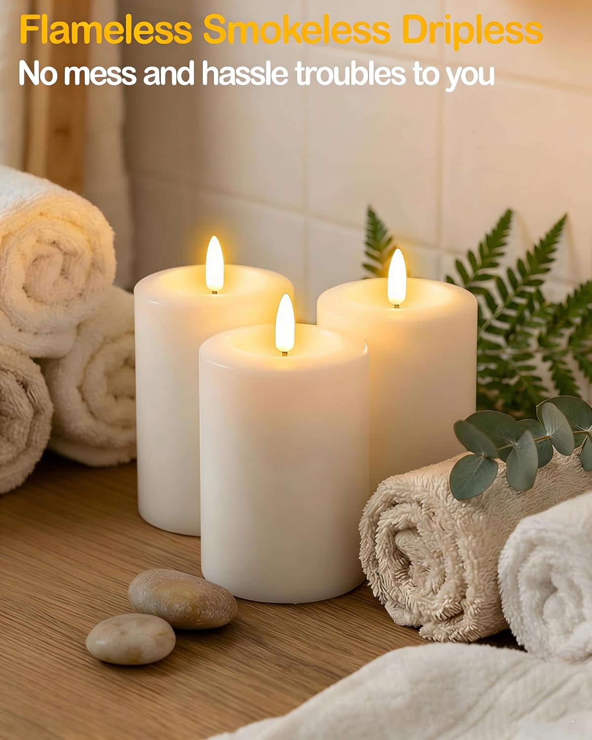 Gmnee 3"x4" Flickering Flameless Candles with Remote Timer, Real Wax, Ivory Pillar Candles, Set of 3 Fake LED Battery Operated Candles for Home, Fireplace, Centerpiece, Rustic and Farmhouse Decor