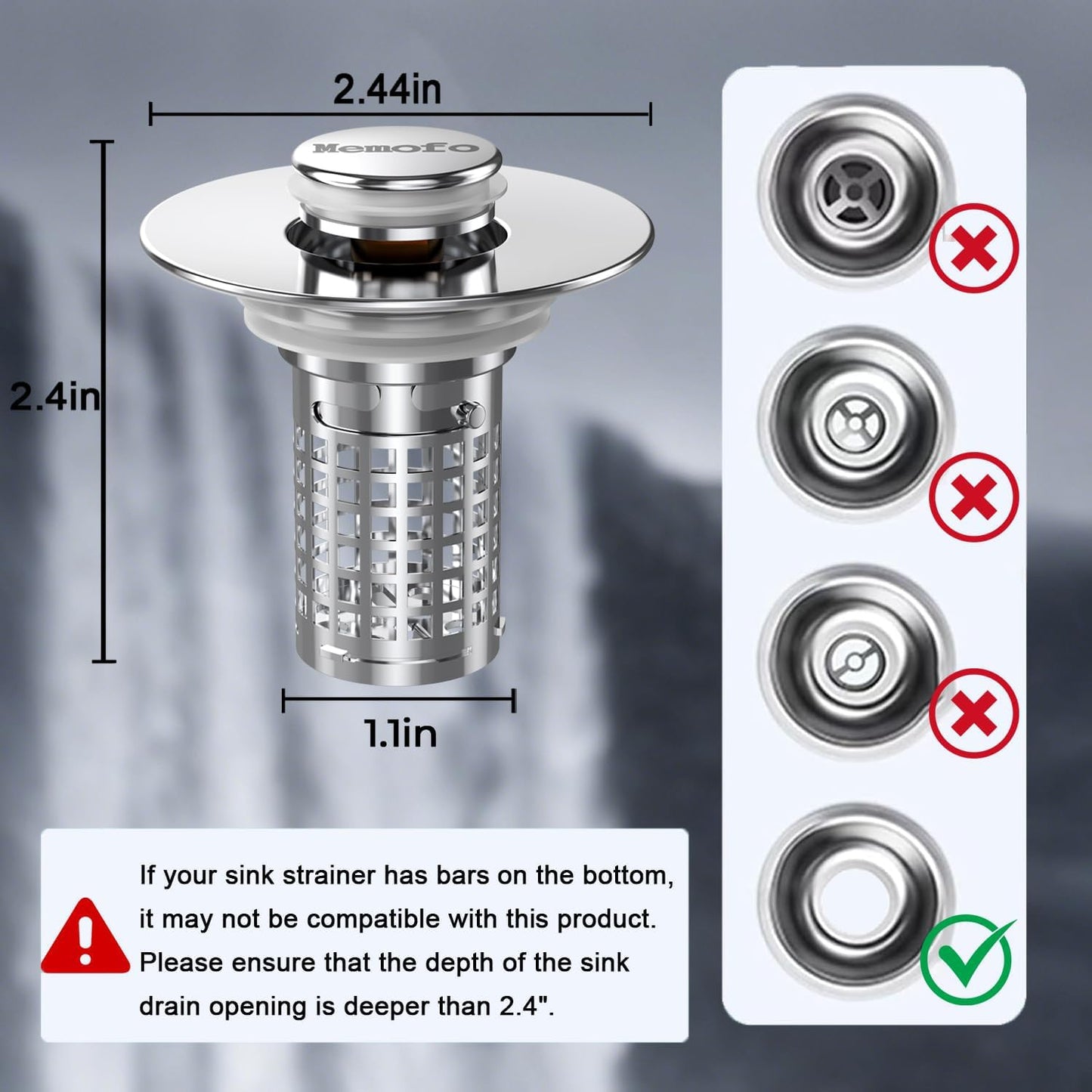 Bathroom Sink Drain Strainer(2PCS), Stainless Steel Pop-up Strainer Basket Hair Catcher with Removable Basket, Brass Bullet Core, Universal Fit 1.1-2.36 Inch