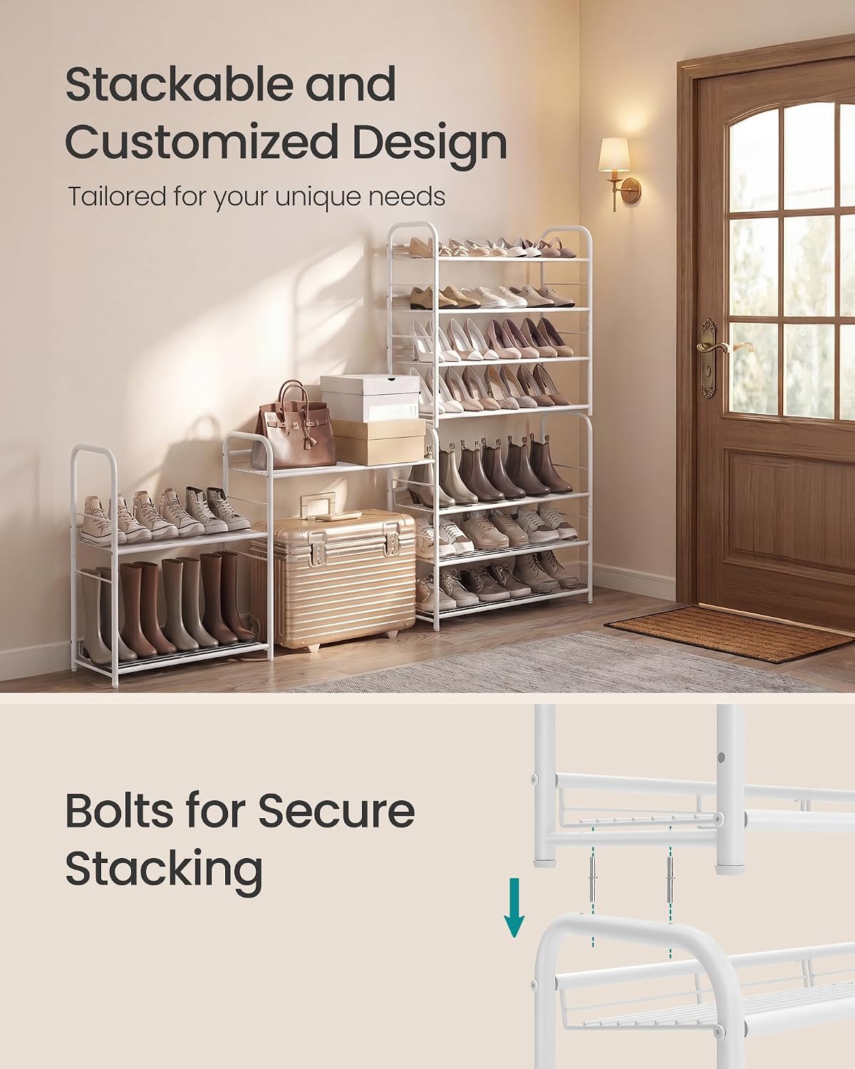 SONGMICS Stackable Shoe Rack, 4 Tier Metal Shoes Rack Storage Shelf, Holds up to 16 Pairs Shoes, Adjustable Slanted Shelves Shoe Tower Organizer for Closet Entryway Small Spaces, Black