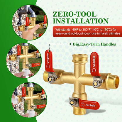 Hose Splitter 2 Way Heavy Duty Brass Garden Hose Splitter with 360° Rotatable, 304 Stainless Steel Long Handle Outdoor Full Flow Hose Splitter Connector, 3/4" GHT Thread