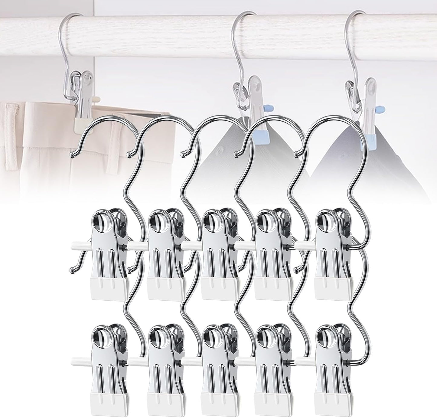 Space-Saving Clothespin Hat Pants Storage Hanging Travel Hook, Stainless Steel Boot Hangers Clips Boot Hangers for Closet, Laundry Hooks Hanging Clips Clothes Pins Socks Towel Clips (Black, 10Pcs)