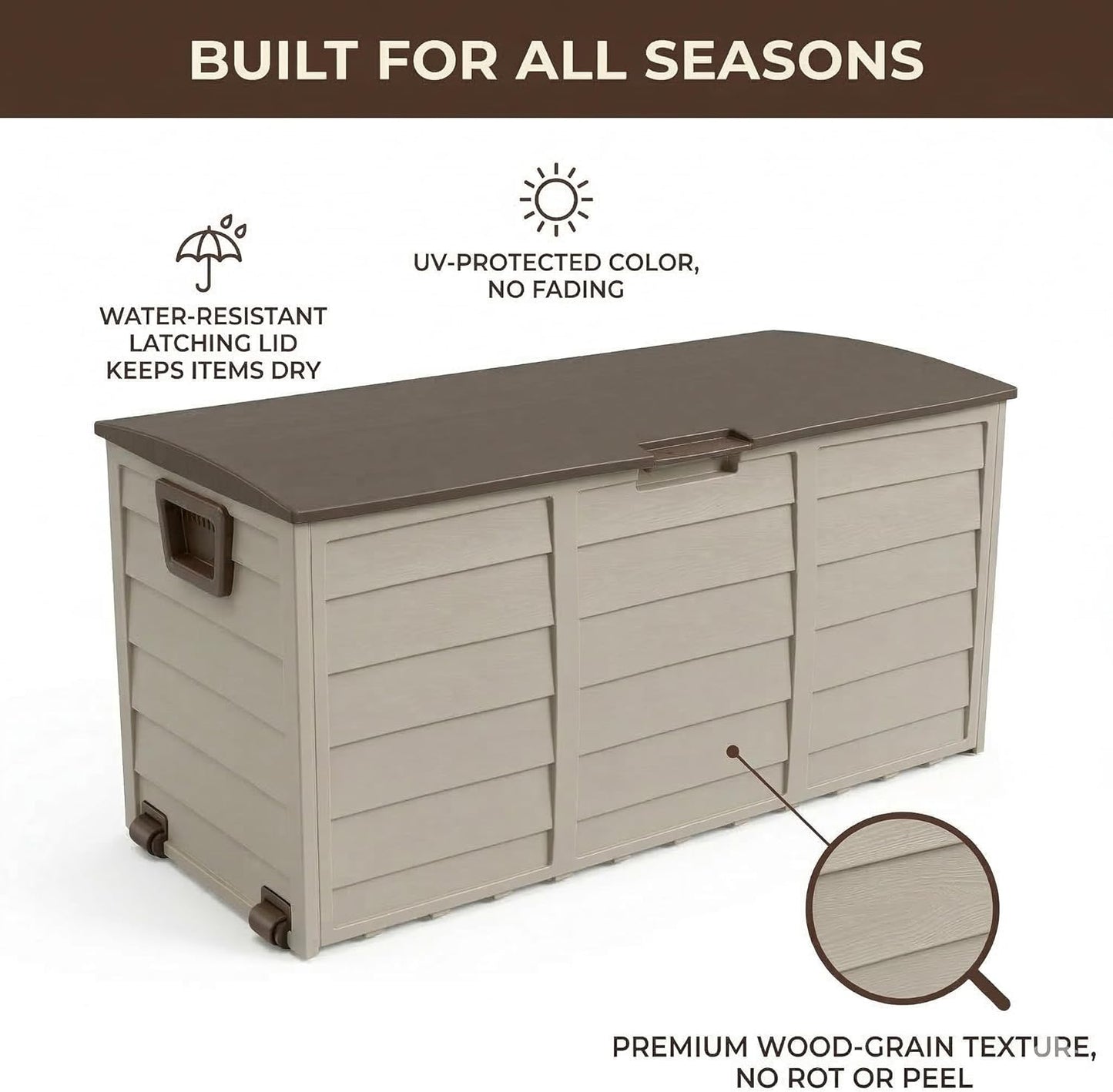 75 Gallon Outdoor Storage Box, 260L Waterproof Resin Deck Box for Patio Furniture Cushions, Garden Tools and Yard Accessories, Lockable Storage Chest with Wheels and Handles (Brown)