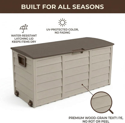 75 Gallon Outdoor Storage Box, 260L Waterproof Resin Deck Box for Patio Furniture Cushions, Garden Tools and Yard Accessories, Lockable Storage Chest with Wheels and Handles (Brown)