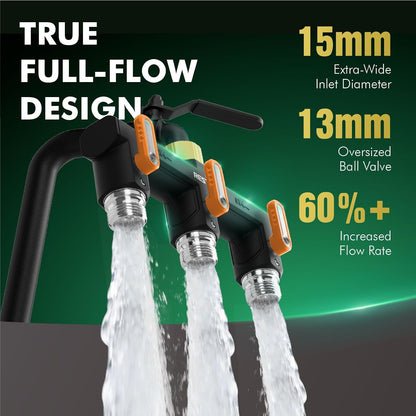Restmo 3 Way Garden Hose Splitter Heavy Duty 100% Metal Body, Full Flow Design with Oversized Ball Valve, Outdoor Faucet Spigot Adapter with Extended Levers, 3/4" GHT Thread - Green