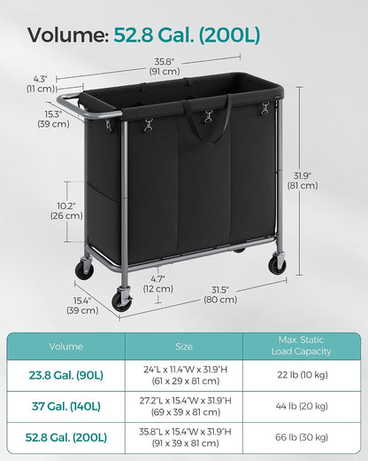 SONGMICS Laundry Basket with Wheels, 3-Section Rolling Laundry Hamper, 52.8 Gallons (200 L), Removable Liner, Steel Frame with Handle, 35.8 x 15.4 x 31.9 Inches, Cream White URLS005W01