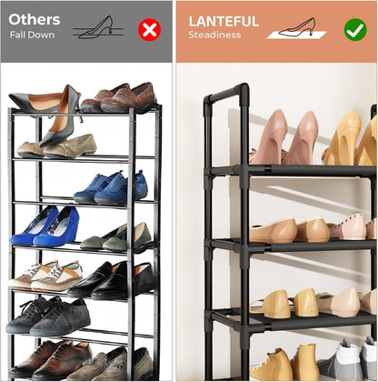 LANTEFUL 10 Tiers Shoe Rack 50 Pairs Large Capacity Tall Shoe Organizer Sturdy Shoe Storage with Two Hooks Space Saving Metal Wide Shoe Rack for Closet, Entryway, Bedroom, Black