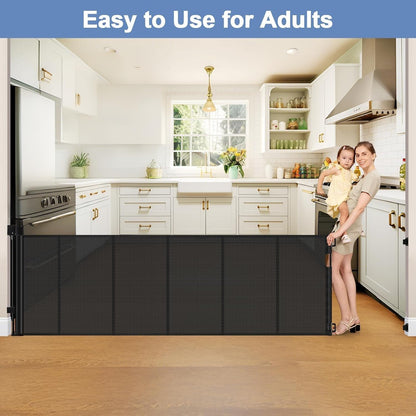 Reinforced Retractable Baby Gates with Support Beam 60" Wide Retractable Dog Gate Indoor Prevent Children and Dogs from Crawling Under Outdoor Dog Gate for Deck Mesh Gates for Kids or Pets, Black
