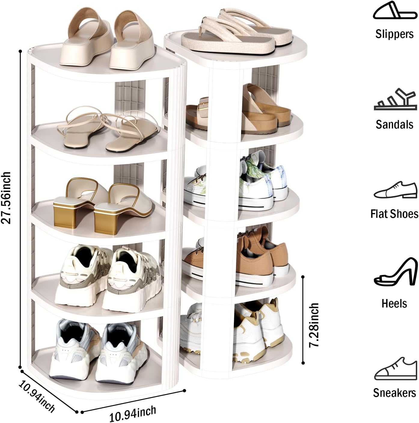 NestOrganix 10 Tier Vertical Shoe Rack, Stackable Narrow Shoe Rack Organizer for Entryway Closet Corner, Free Standing Shoe Rack Tower Shelf, Space Saving, Curved, Off White