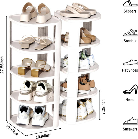 NestOrganix 10 Tier Vertical Shoe Rack, Stackable Narrow Shoe Rack Organizer for Entryway Closet Corner, Free Standing Shoe Rack Tower Shelf, Space Saving, Curved, Off White