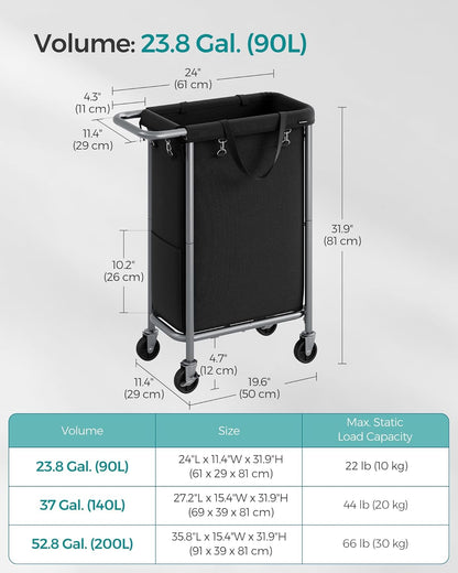 SONGMICS Laundry Basket with Wheels, 3-Section Rolling Laundry Hamper, 52.8 Gallons (200 L), Removable Liner, Steel Frame with Handle, 35.8 x 15.4 x 31.9 Inches, Cream White URLS005W01