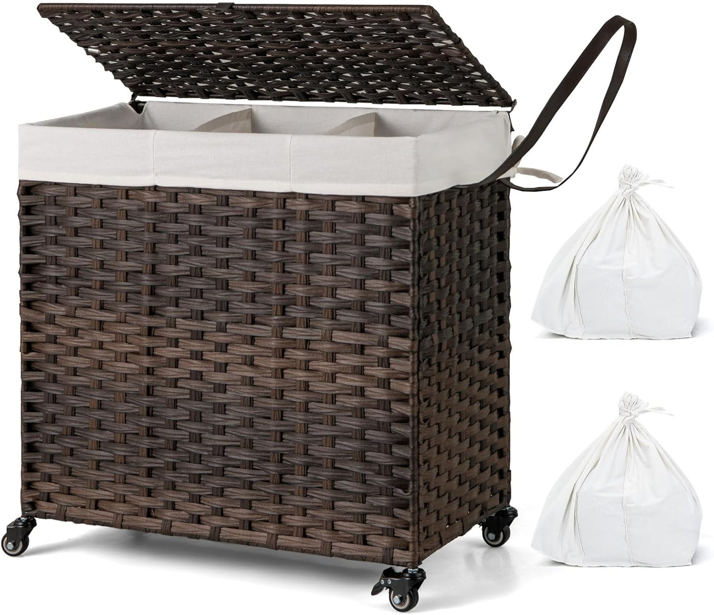 GOFLAME Laundry Hamper with Lid and Wheels, 125L Hand Woven Rattan Laundry Basket with 3 Divided Sections, Handles, 2 Removable and Washable Liner Bags, Dirty Clothes Hamper for Bedroom (Natural)